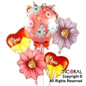 SET DE GLOBOS METALIZADO TE AMO CON FLOR LILA 5 UNIDADES X 1